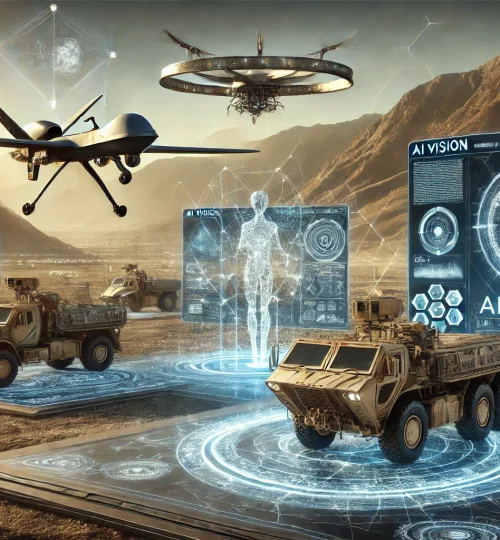 DALL·E 2024-11-30 21.37.46 - A highly detailed and futuristic military equipment with AI vision technology being analyzed in action. The scene includes drones and high-tech radars