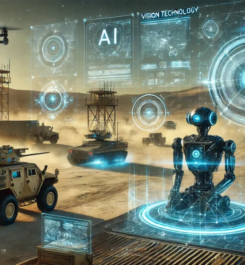 DALL·E 2024-11-30 21.38.48 - Futuristic military equipment with AI vision technology scanning a battlefield. The scene includes a robotic tank, autonomous drones, and holographic