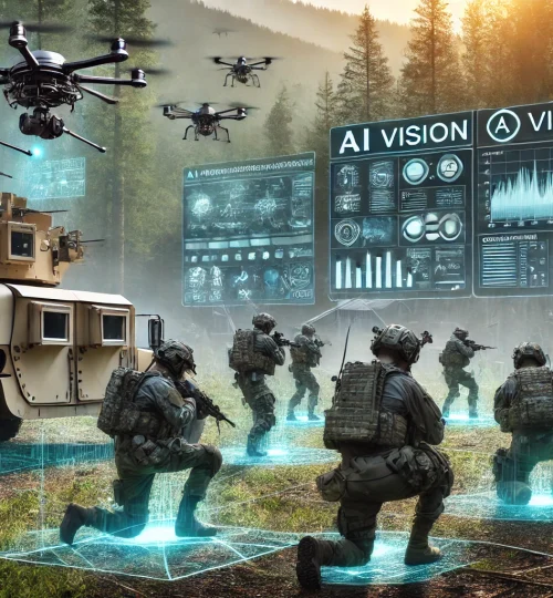 DALL·E 2024-11-30 21.39.13 - A realistic military training scenario using AI vision technology. Soldiers in advanced tactical gear perform coordinated maneuvers, supported by dron